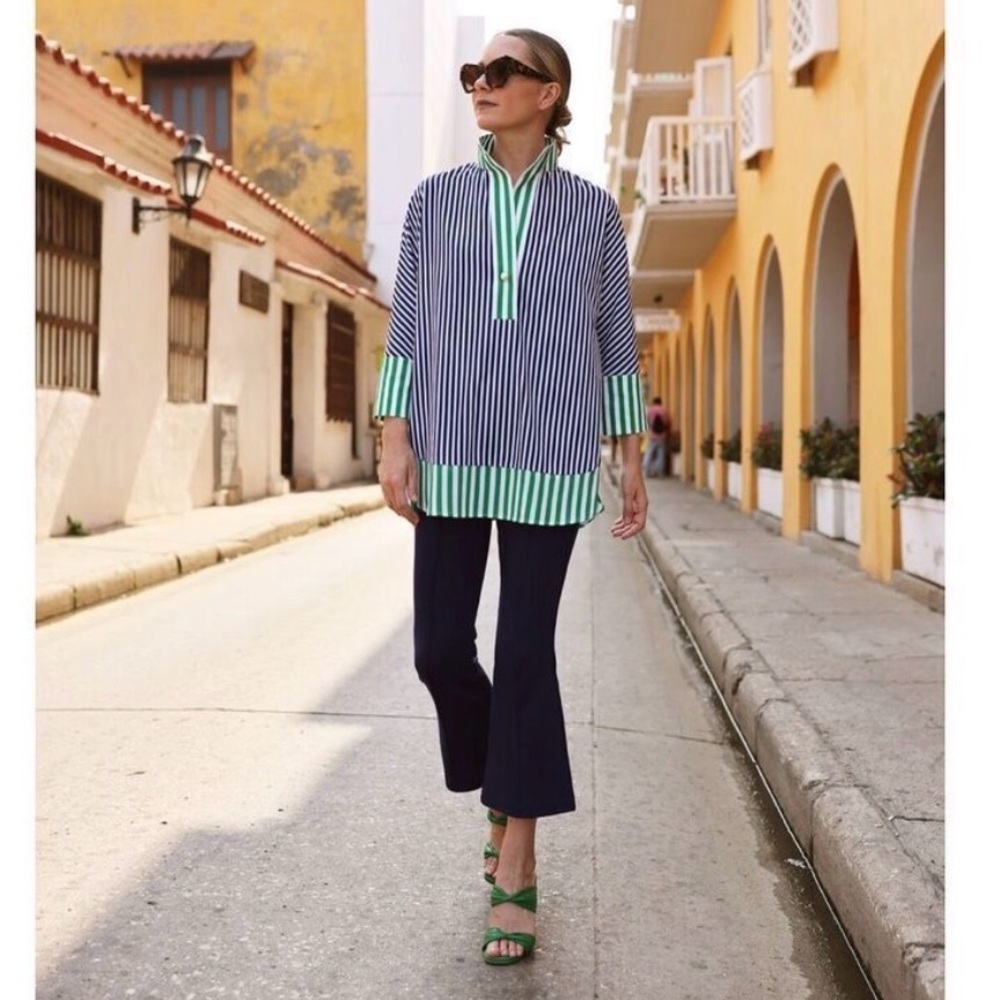 Tuckernuck x Atlantic Pacific Willow Blouse in Green Blue Stripe Large